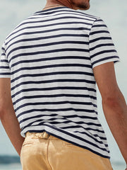Back view of navy-and-white striped T-shirt