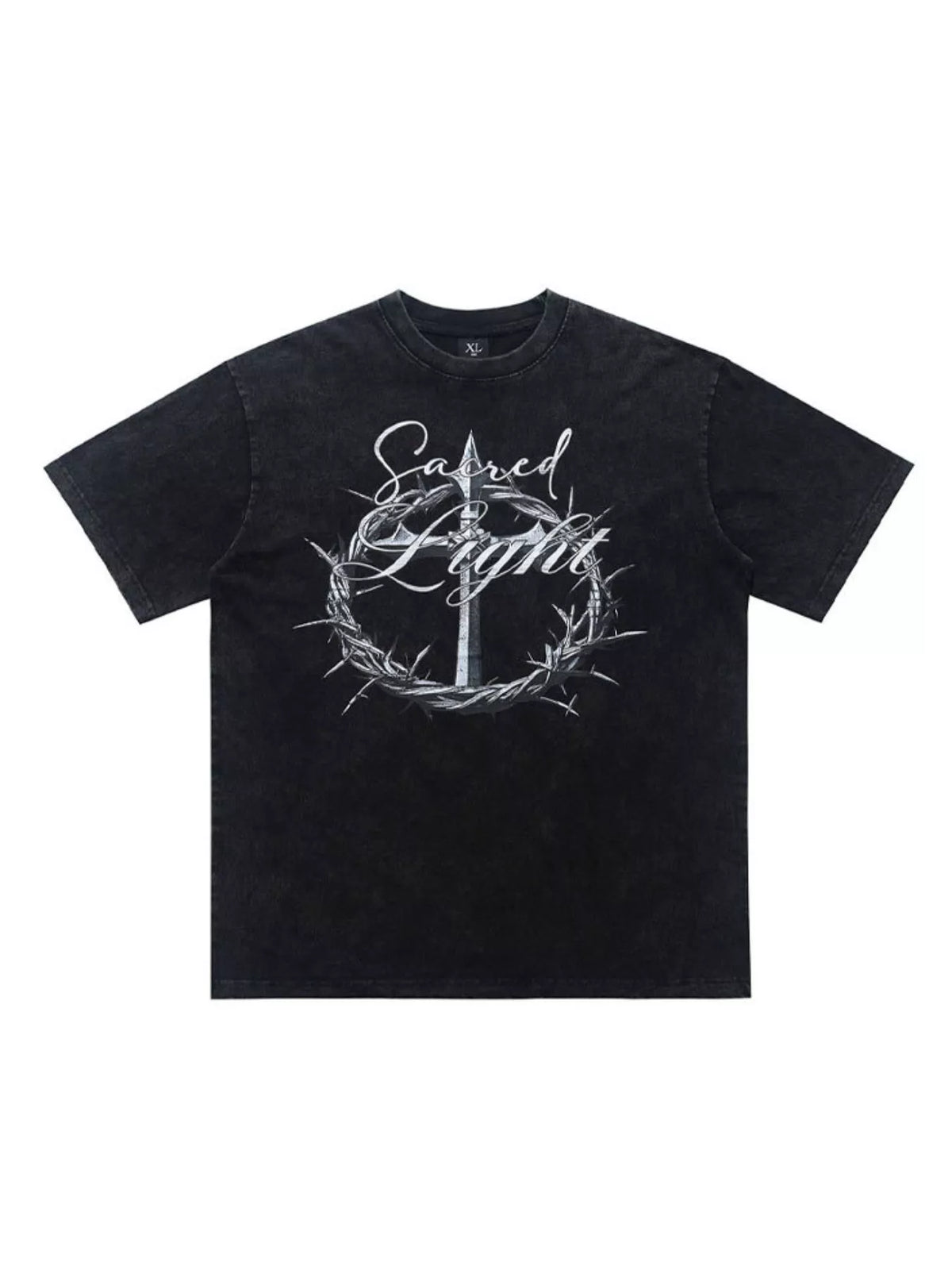 Black graphic T-shirt shown flat, front view