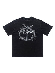Black graphic T-shirt shown flat, front view