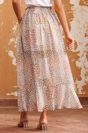 Back view of tiered floral midi skirt with smocked waistband