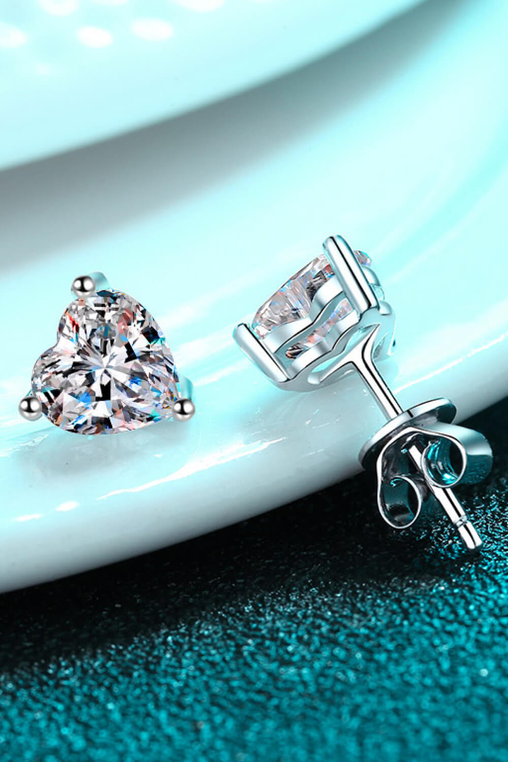 2 Carat Moissanite Heart-Shaped Stud Earrings — Close-up of heart-shaped stud earrings and posts
