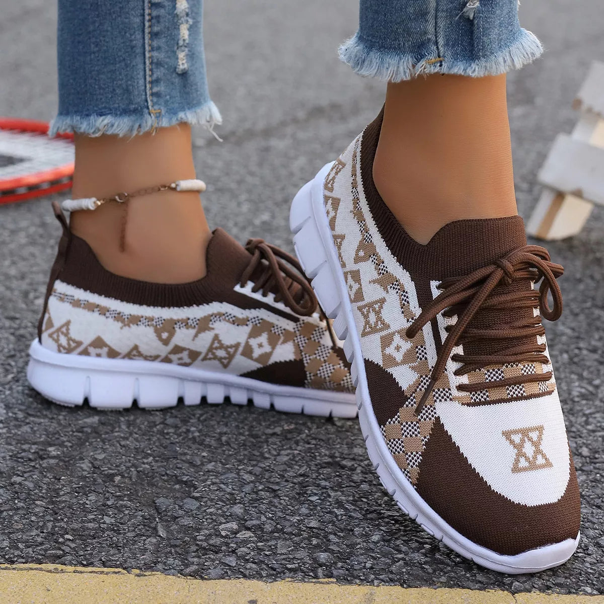 Brown and cream patterned mesh sneakers, side view
