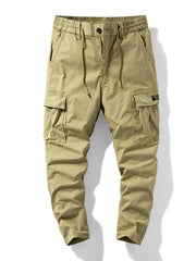 Khaki cargo pants with drawstring waist and side cargo pockets