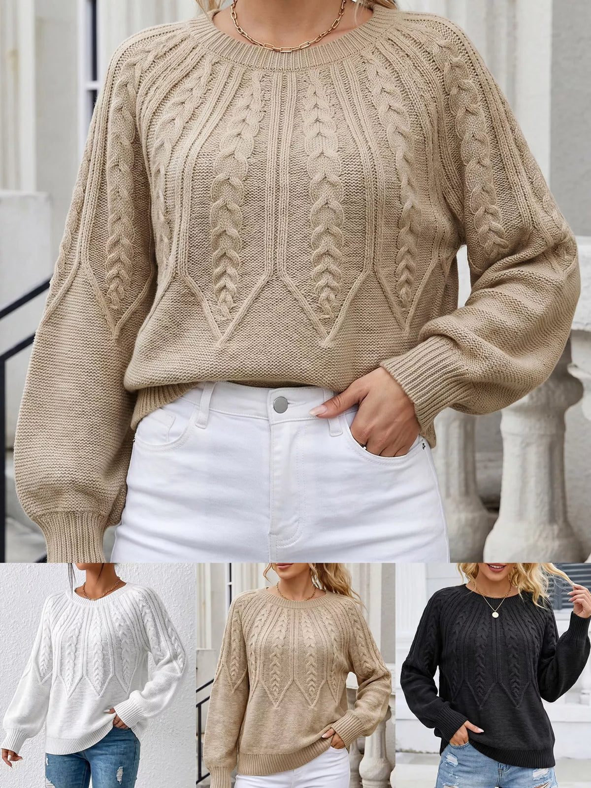 Three-color view of cable-knit sweaters in white, beige and black