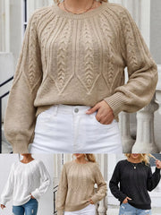 Three-color view of cable-knit sweaters in white, beige and black