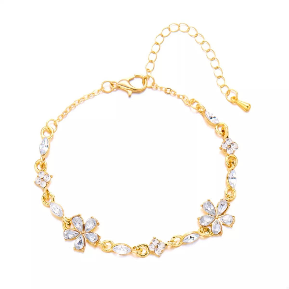 18k gold-plated rhinestone flower bracelet, detail view