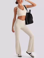 Full-length front view of seamless criss-cross v-neck tank and leggings active set