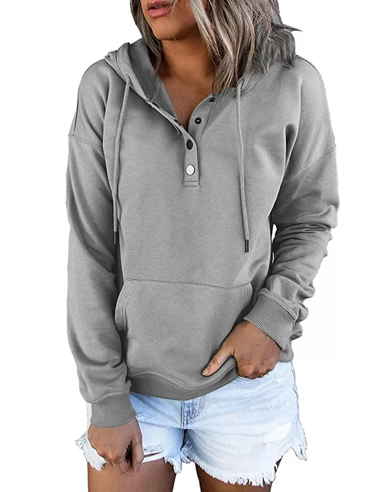 Women’s plus-size kangaroo-pocket drawstring hoodie in gray front view