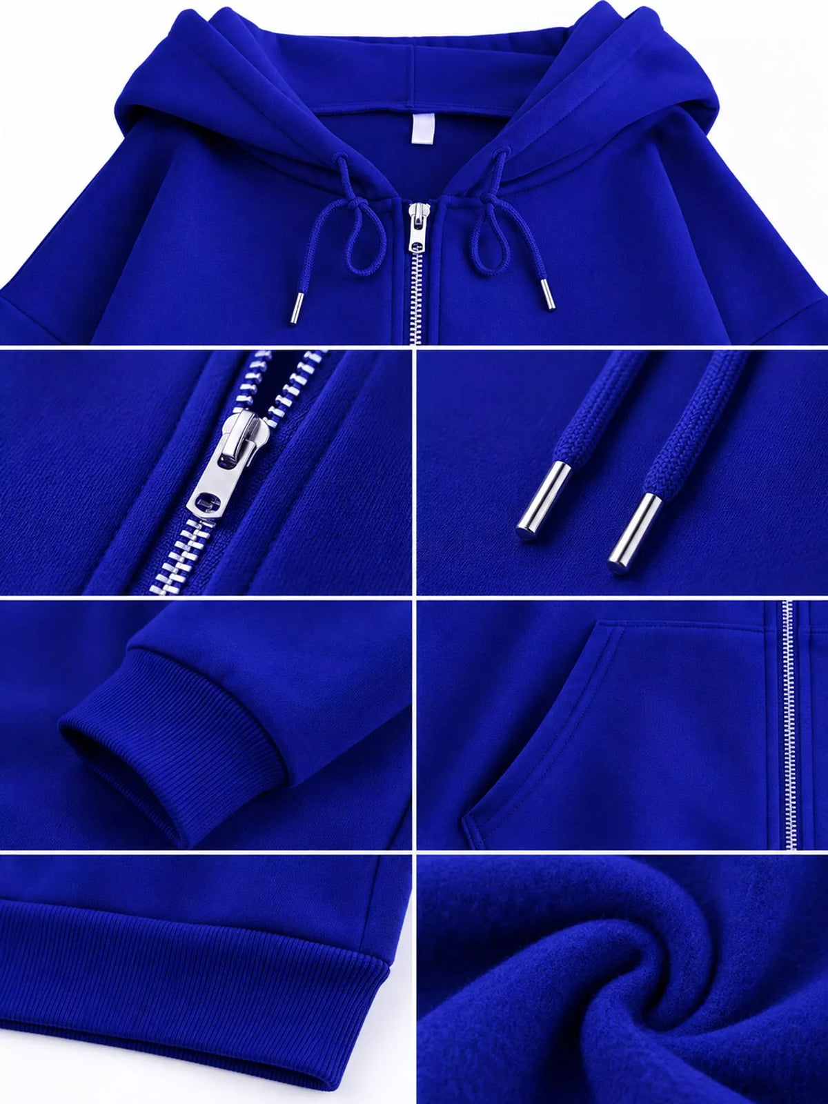 Close-up collage of royal blue hoodie zipper, drawstring ends, cuff and fleece texture