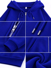 Close-up collage of royal blue hoodie zipper, drawstring ends, cuff and fleece texture