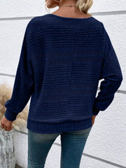 Women’s ribbed round-neck long-sleeve top in navy back view