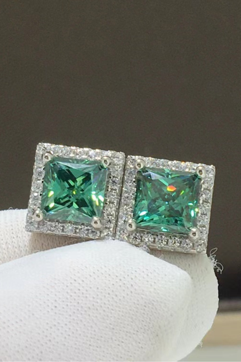 2 Carat Moissanite Square Stud Earrings — Angled view showing square moissanite stud earrings