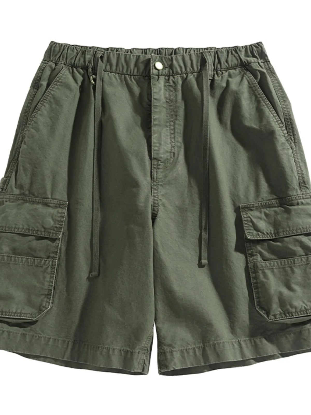 Olive cargo shorts with drawstring waist and flap pockets
