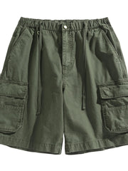 Olive cargo shorts with drawstring waist and flap pockets