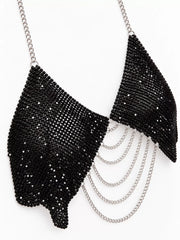 Black chainmail halter top with layered silver-tone chains