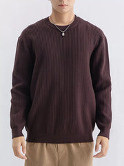 Front view of dark brown ribbed crew-neck sweater on a model