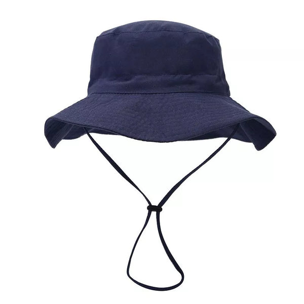 Front view of a navy bucket hat with a wide brim and dangling chin strap.