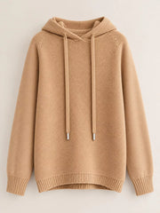Light tan drawstring hooded sweater displayed alone against a pale background.