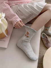 Close view of the bear motif on gray socks