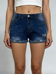 Front view of blue denim shorts with rolled cuffs