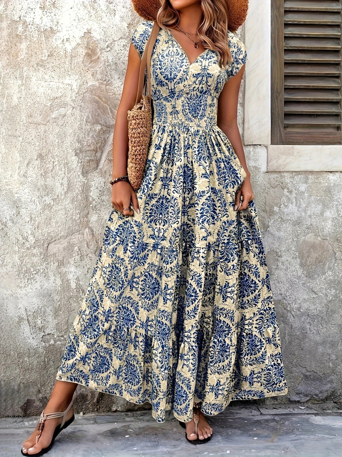 Purple floral maxi dress with a thigh-high slit, modeled with the skirt held aside.