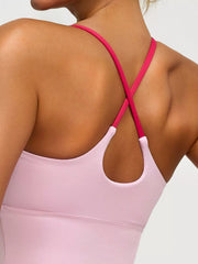 Dusty pink active bra, front neckline and strap detail