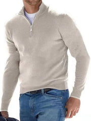 Light beige quarter-zip sweater modeled with blue jeans