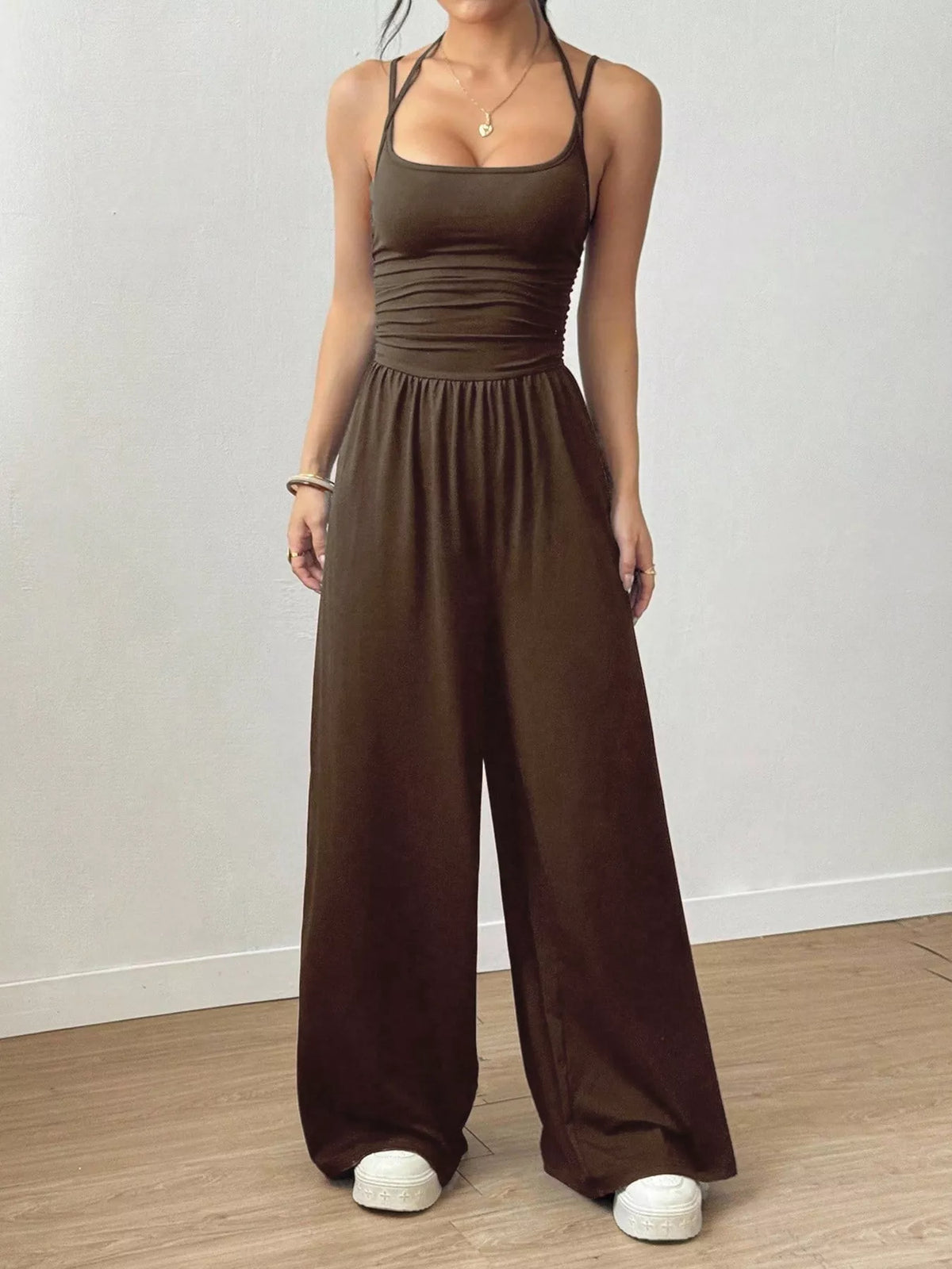 Women's spaghetti-strap wide-leg jumpsuit, brown front full-length view