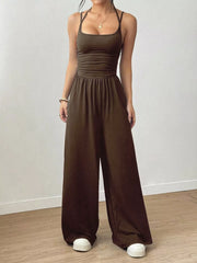 Women's spaghetti-strap wide-leg jumpsuit, brown front full-length view
