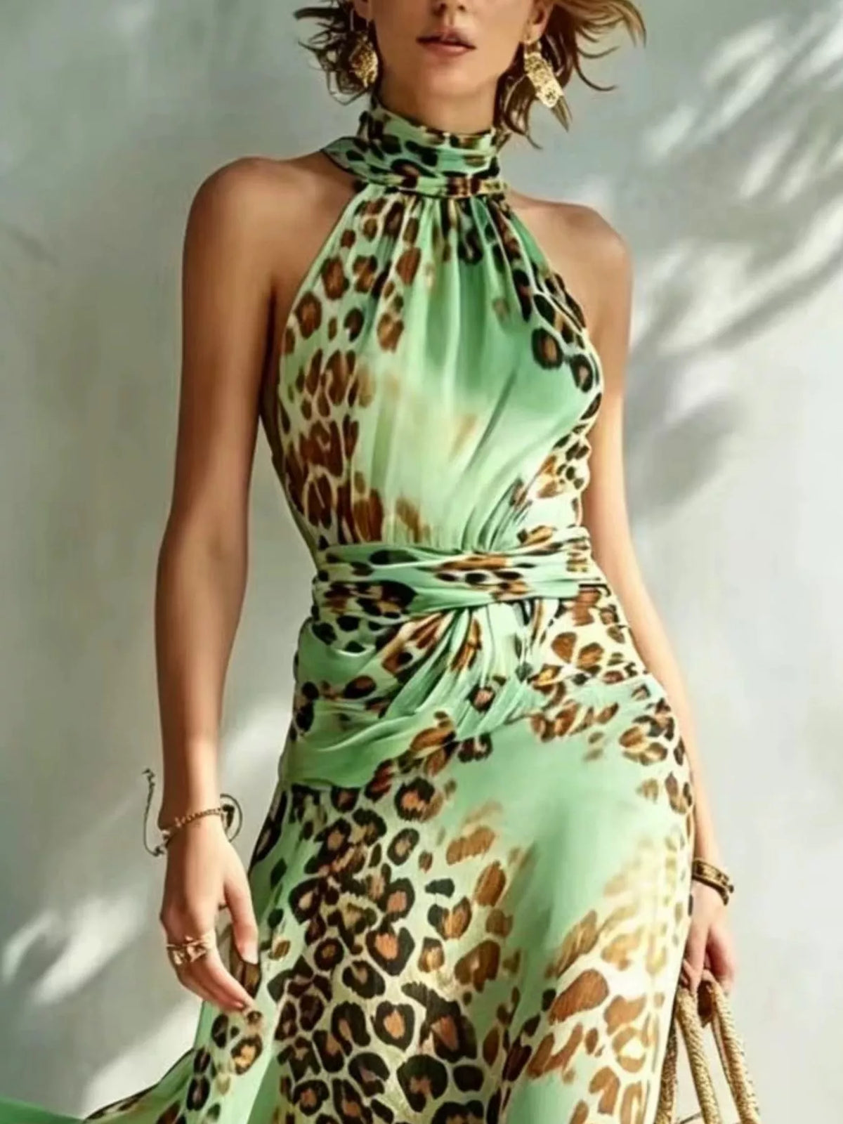 Close view of mint leopard print, halter neckline and waist detail