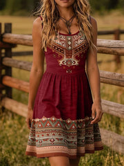 Burgundy sleeveless dress with tribal-print bodice and hem