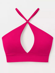 Hot pink halter crop cami displayed front with teardrop cutout