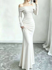 White velvet off-shoulder long-sleeve mermaid maxi dress, front view