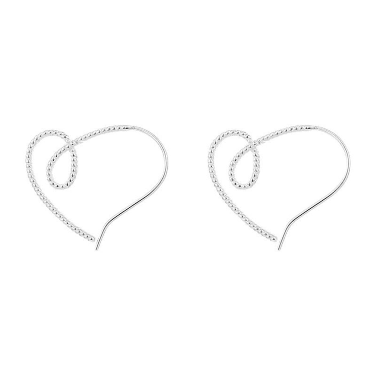 Pair of silver heart-shaped wire earrings on a white background