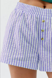 Violet striped shorts showing gathered waistband and front buttons