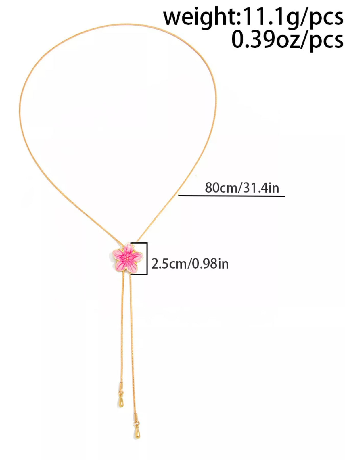 Gold-tone lariat necklace with pink flower and length measurement graphic