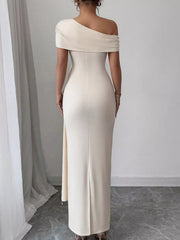 Ivory one-shoulder ruched maxi dress, back view