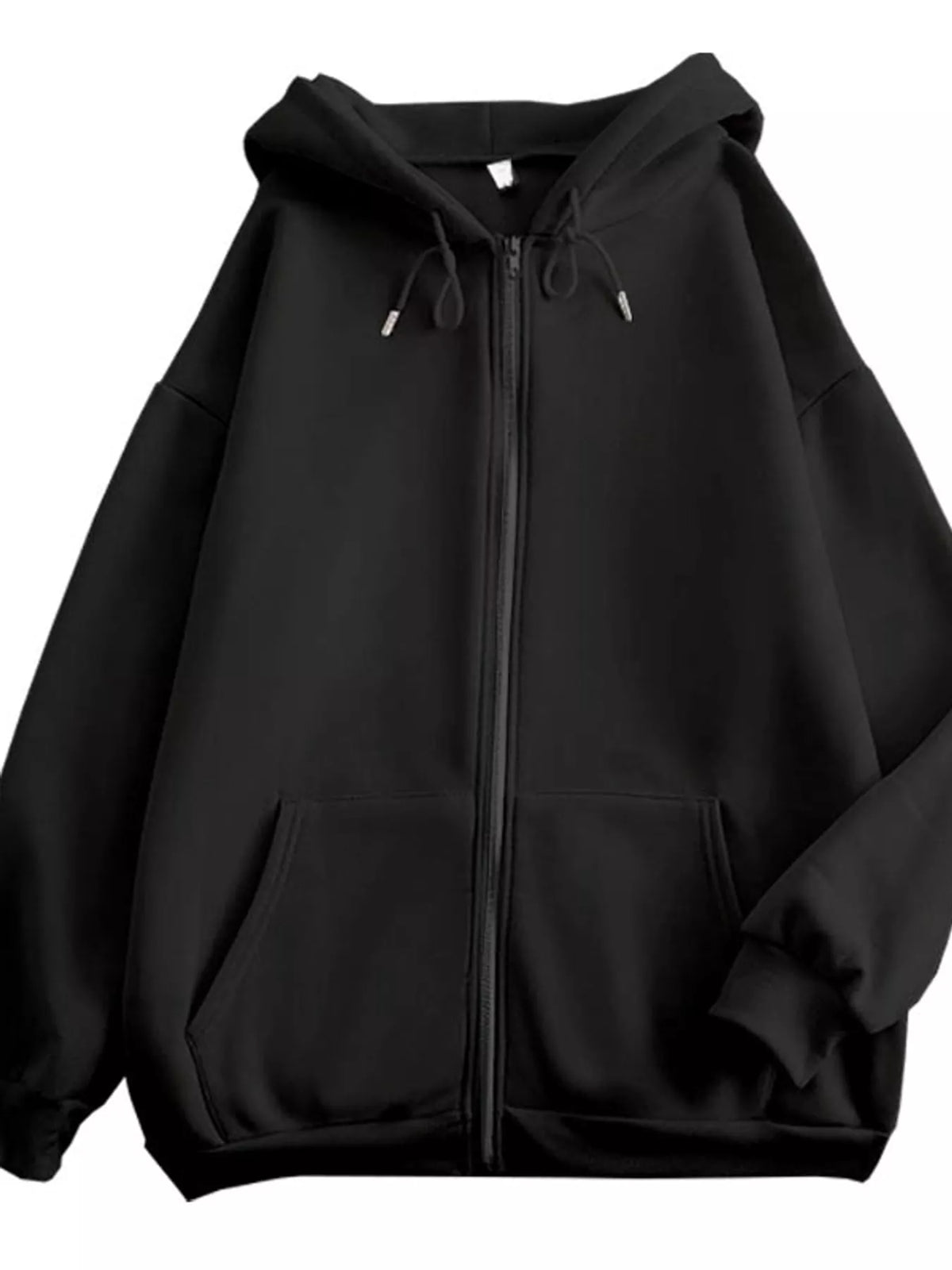 Front view of the black hoodie with full zipper and kangaroo pockets