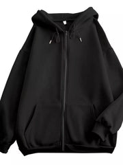 Front view of the black hoodie with full zipper and kangaroo pockets