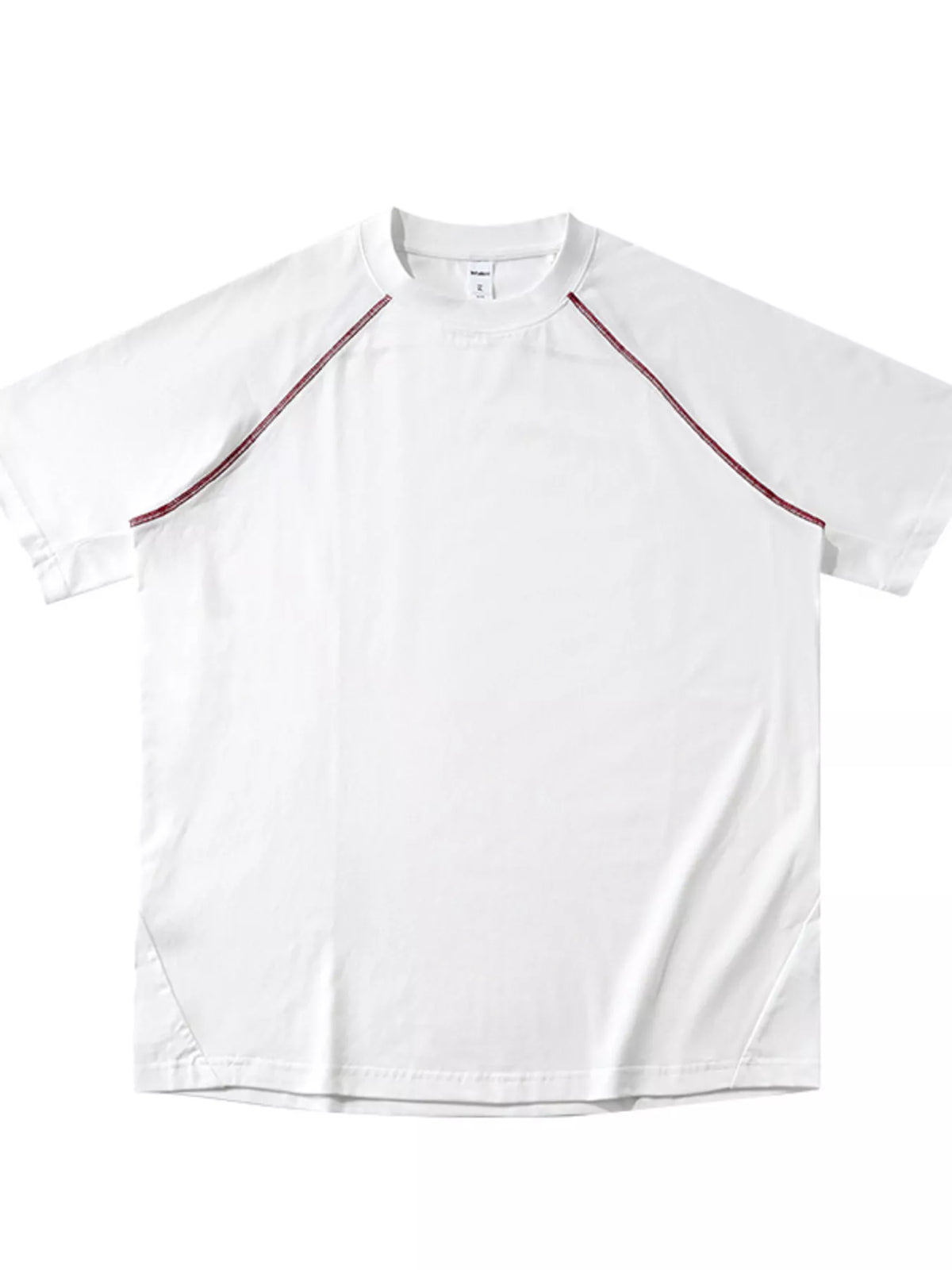 Flat lay of white T-shirt with contrast shoulder piping