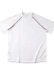 Flat lay of white T-shirt with contrast shoulder piping