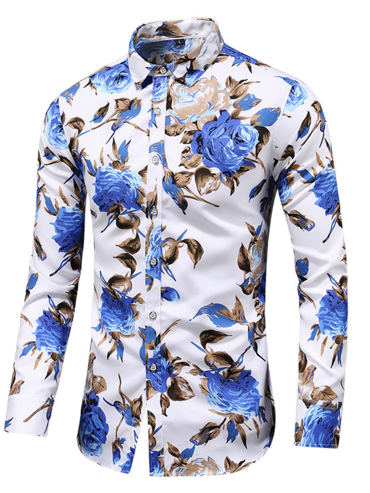 White shirt with blue floral print, front view