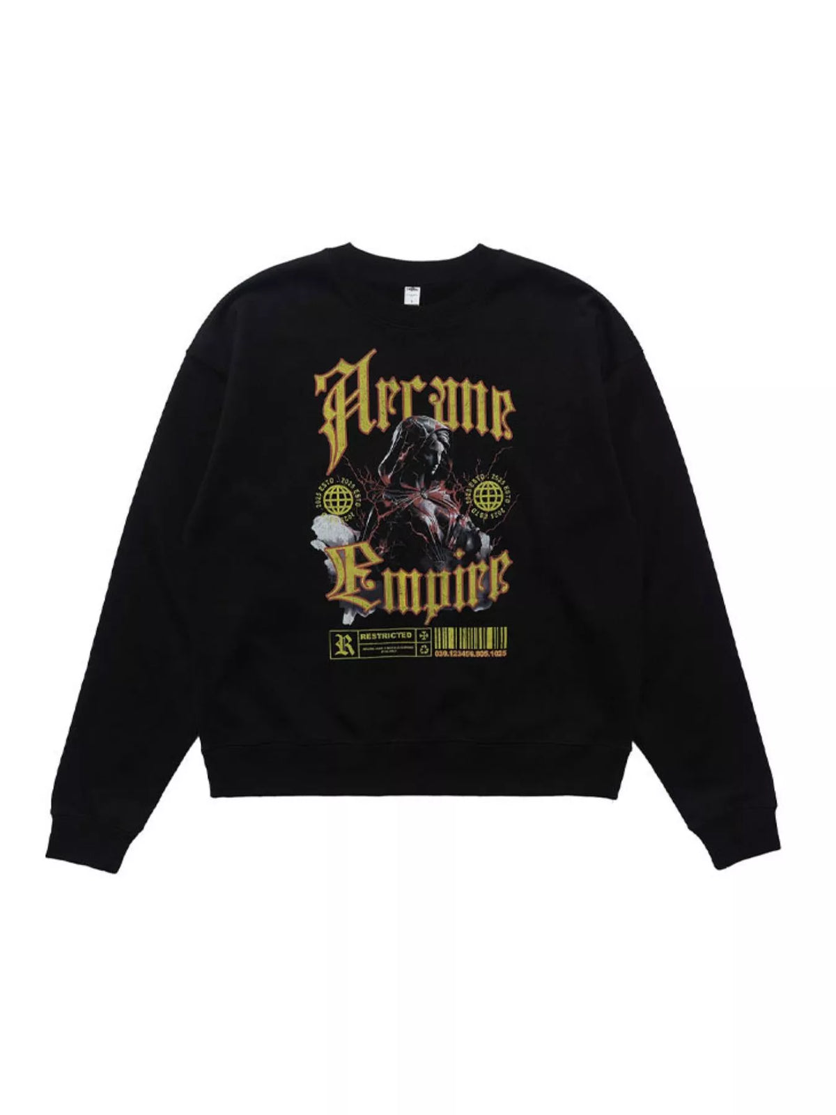 Black sweatshirt with gold gothic graphic shown flat