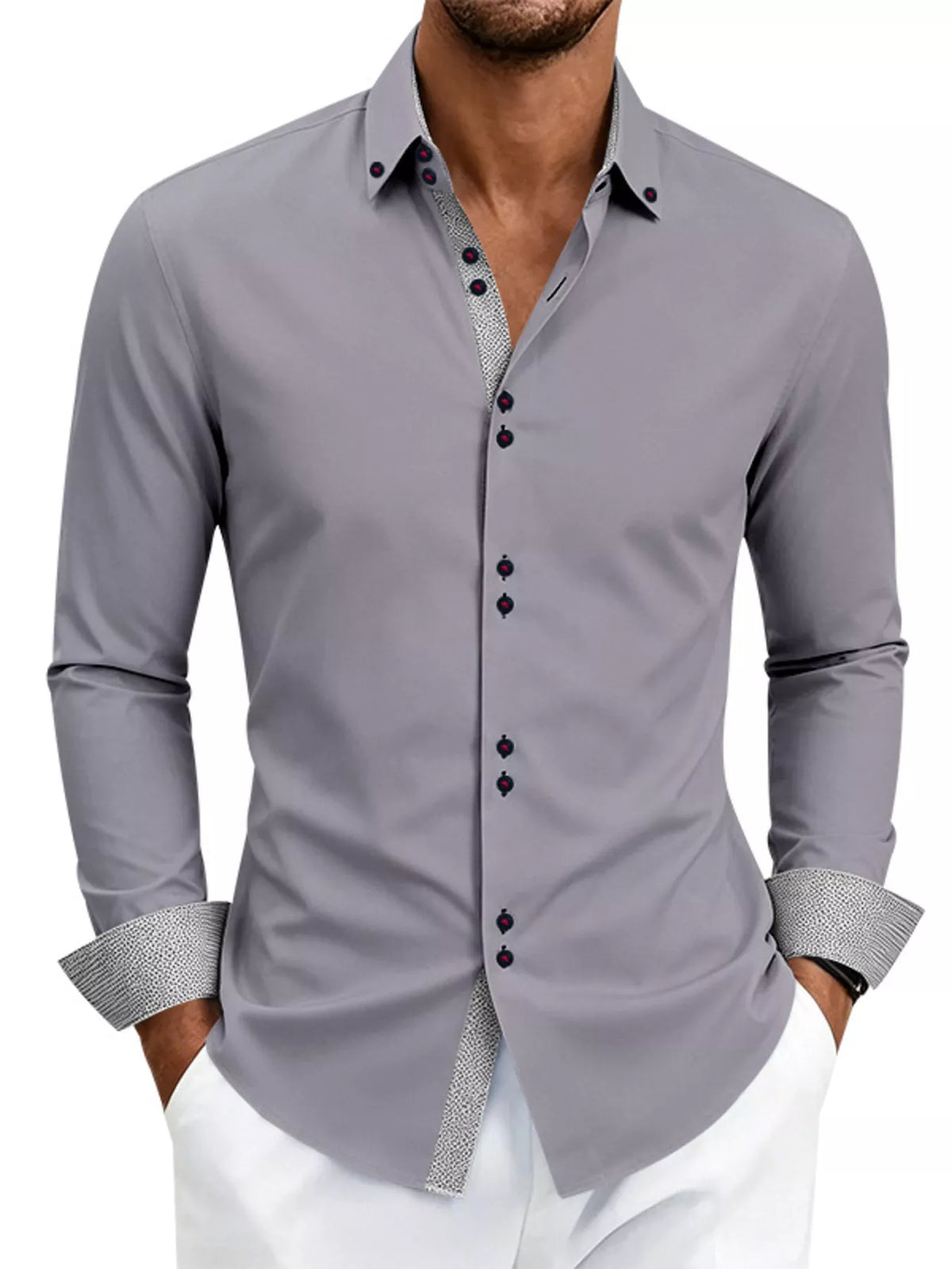 Model wearing white shirt showing patterned cuff and placket