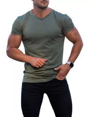 Man wearing an olive V-neck slim-fit T-shirt