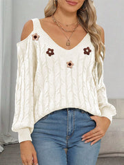 White cable-knit cold-shoulder sweater with pink and brown floral appliqués