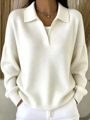 Cream ribbed knit polo sweater with collar, modeled front view