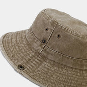 Close-up of metal ventilation eyelets on the camel bucket hat