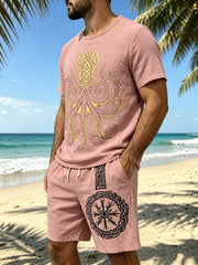 Pink graphic tee and shorts set shown at an angle, highlighting the octopus design.