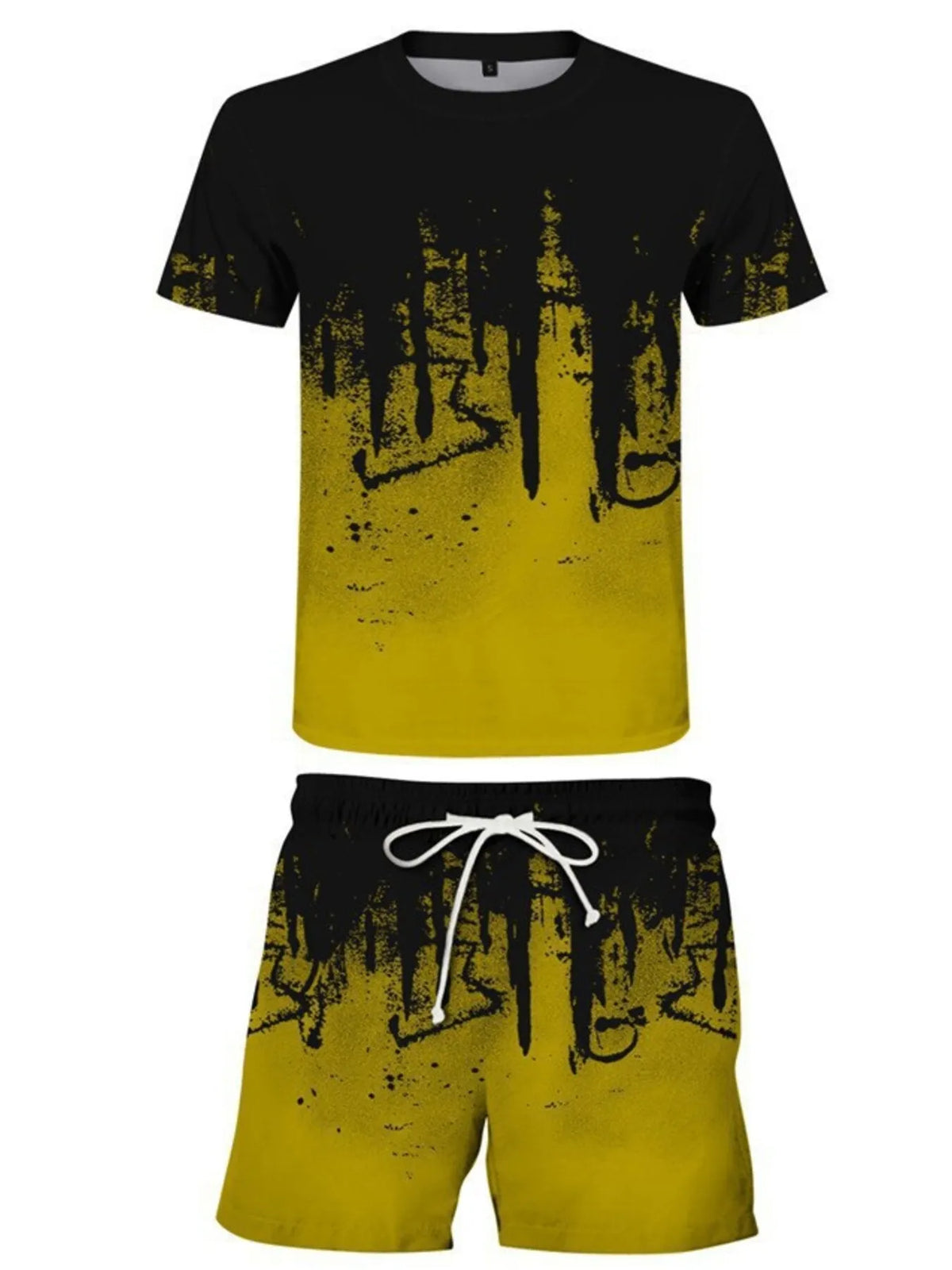 Black and yellow graphic short-sleeve shirt with matching drawstring shorts